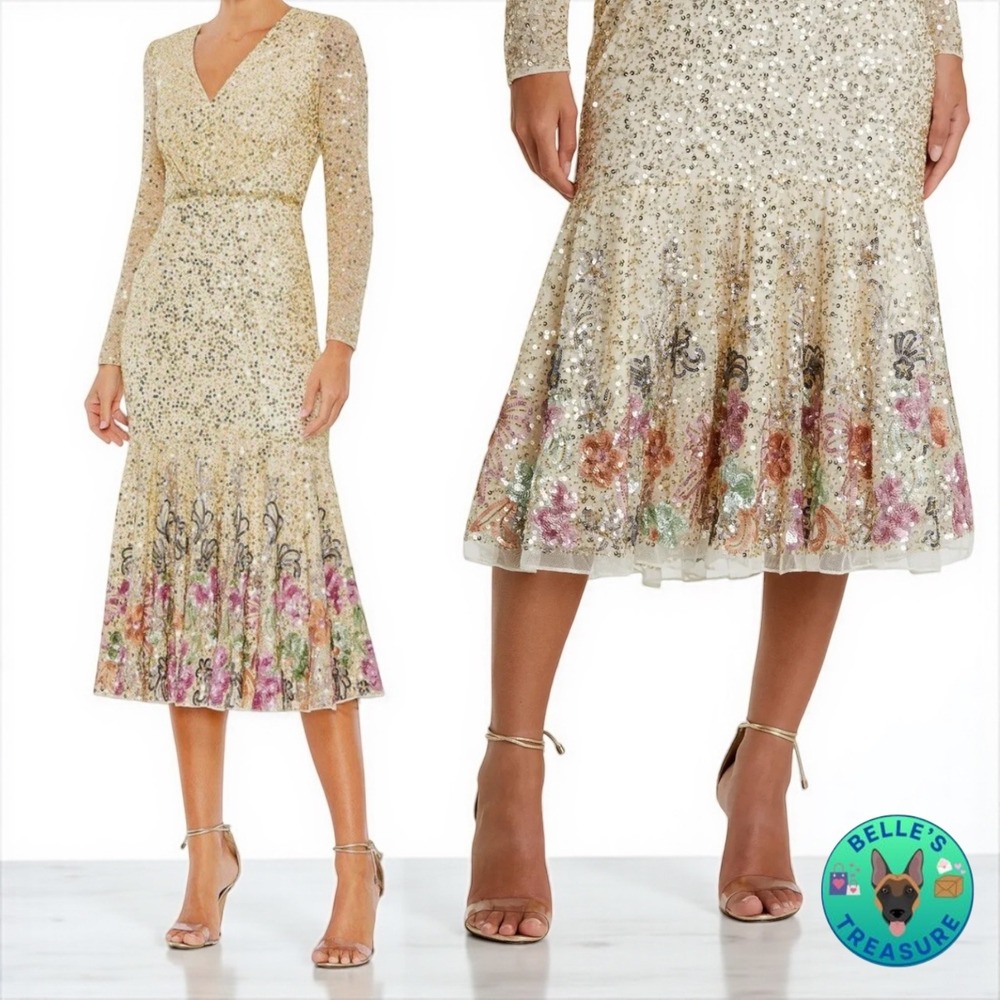 MAC DUGGAL Gown Sz 22 Gold‎ Floral Sequin Faux Wrap Long Sleeve Tea Length Dress